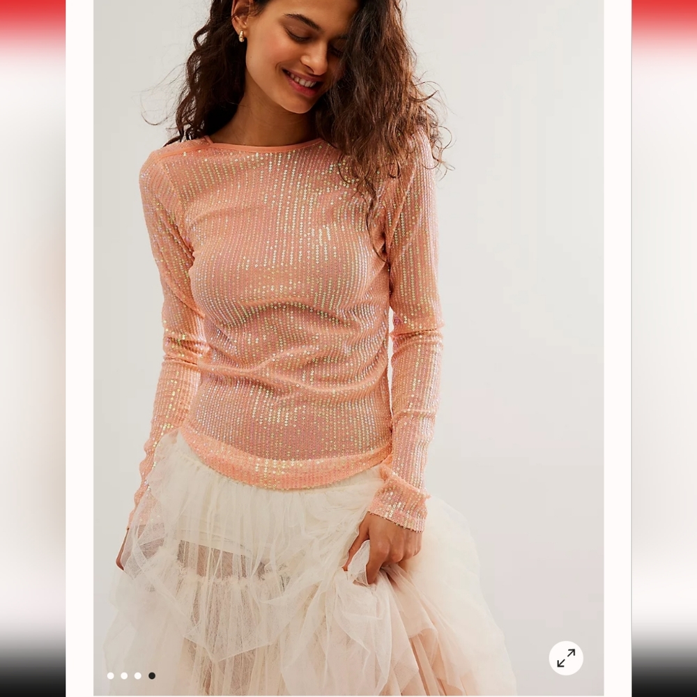 NWT FREE PEOPLE UNAPOLOGETIC Sun Blush Pink SEQUIN Sheer Longsleeve Top